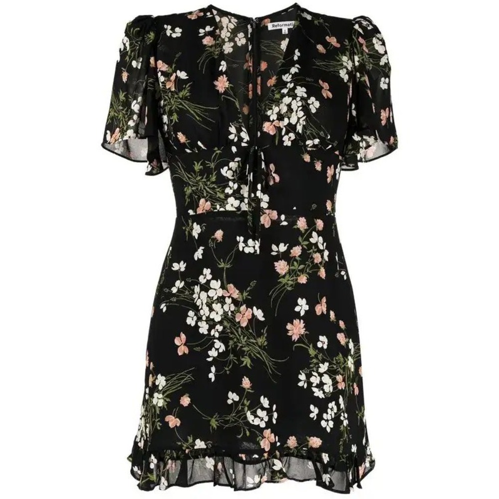 Reformation Mya Mini Dress Sagittarius Floral Black V-Neck Ruffle Hem Size 4 NWT